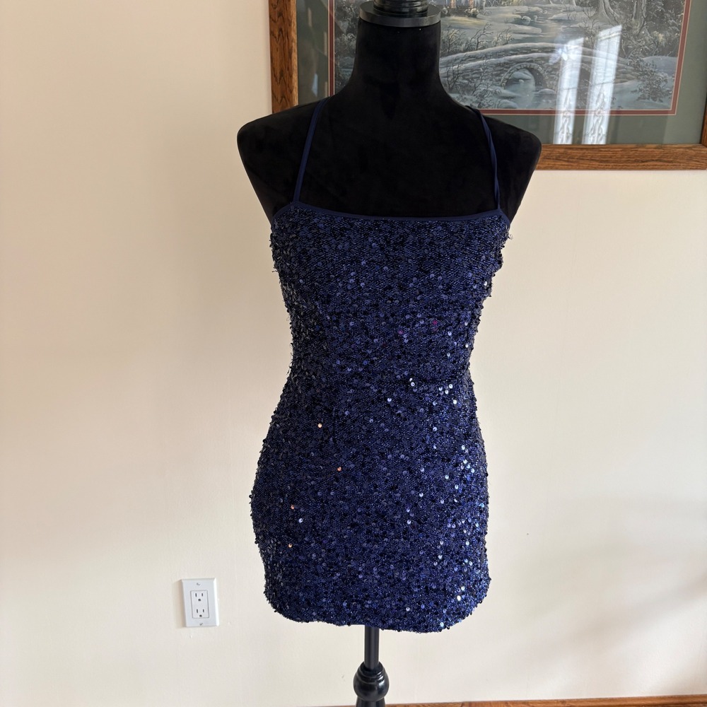 Edikted Sequin Mini Dress Womens Small Navy Blue Bodycon Lace Up Back Party